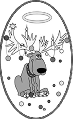 Cartoon Reindeer with ornaments hanging from antlers